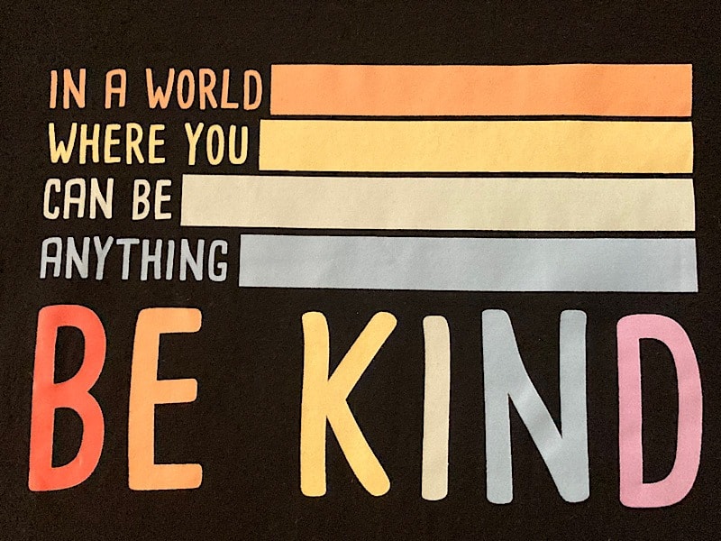 T-Shirt-Aufdruck mit den Worten "In a world where you can be everything be kind"