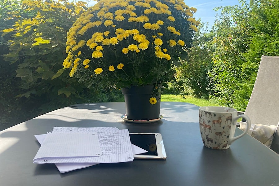 12 von 12 September 2023 - Terrassentisch mit großer gelber Blume, Hirschkaffeetasse, Blättern und Stift